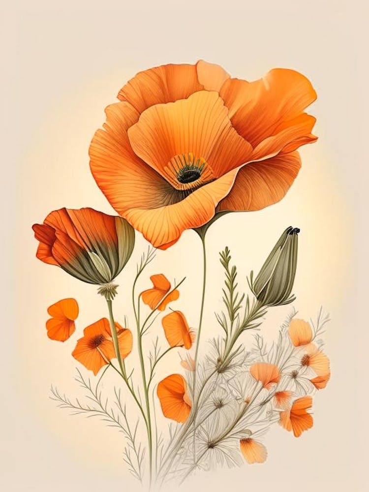 California Poppy Spices And Herbs Retro Drawing 4