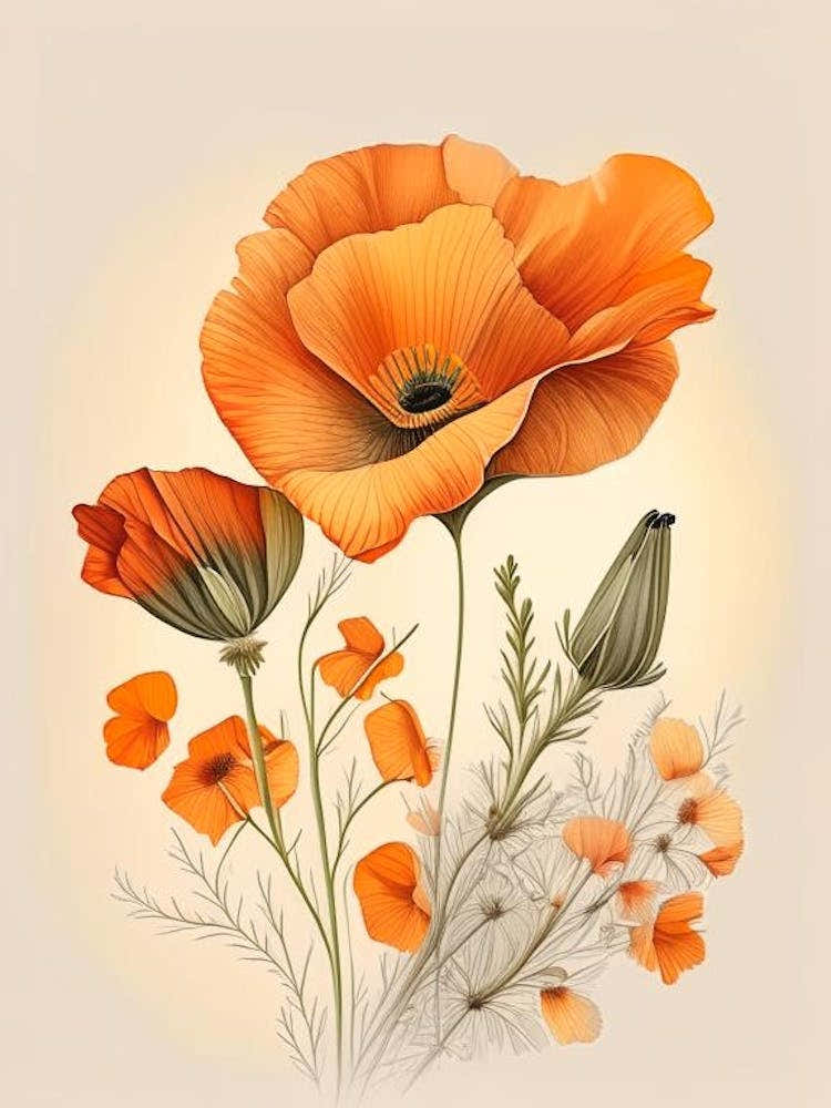 California Poppy Spices And Herbs Retro Drawing 4