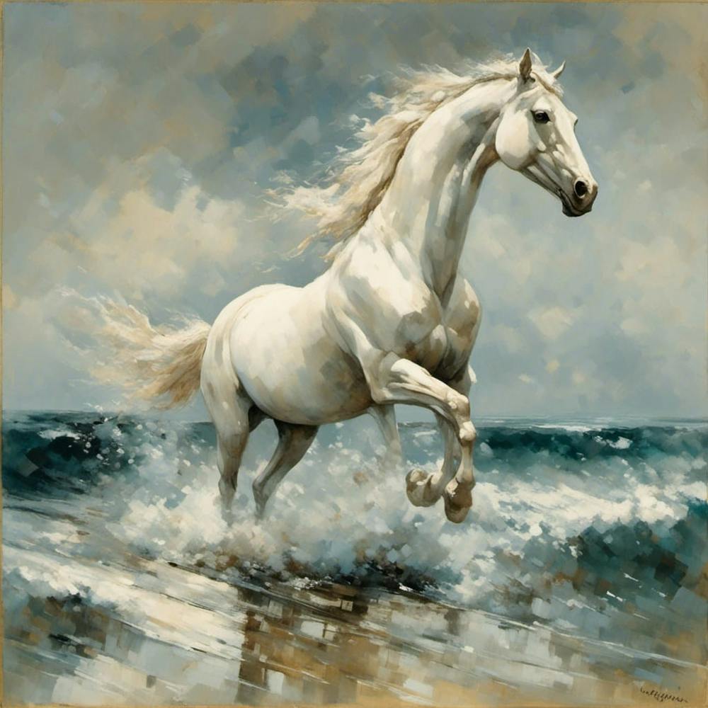 white horse in the surf