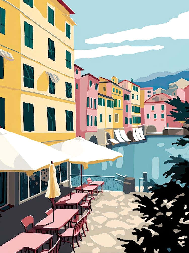 Portofino, Italy, Flat Pastels Tones Illustration 1