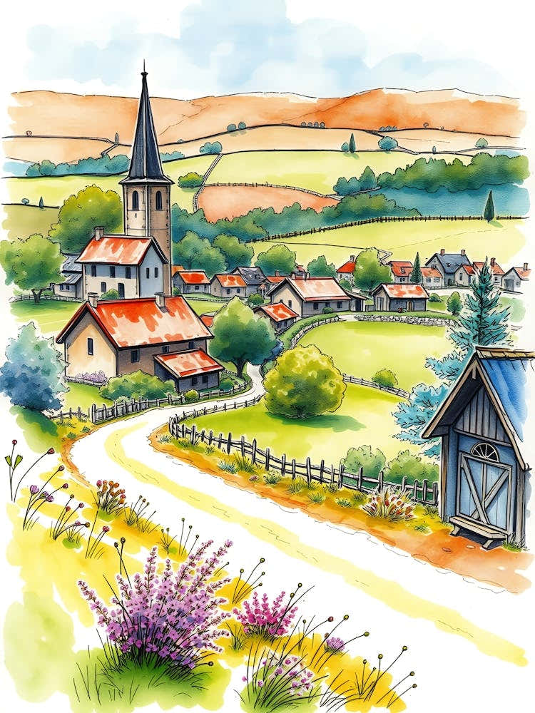 Watercolor Illustration Of A Village