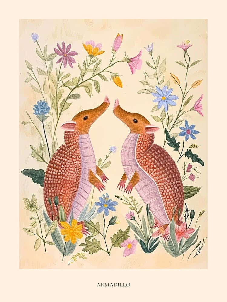 Folksy Floral Animal Drawing Armadillo Poster