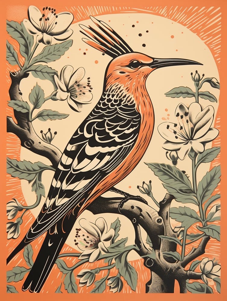 Vintage Bird Linocut Hoopoe 1