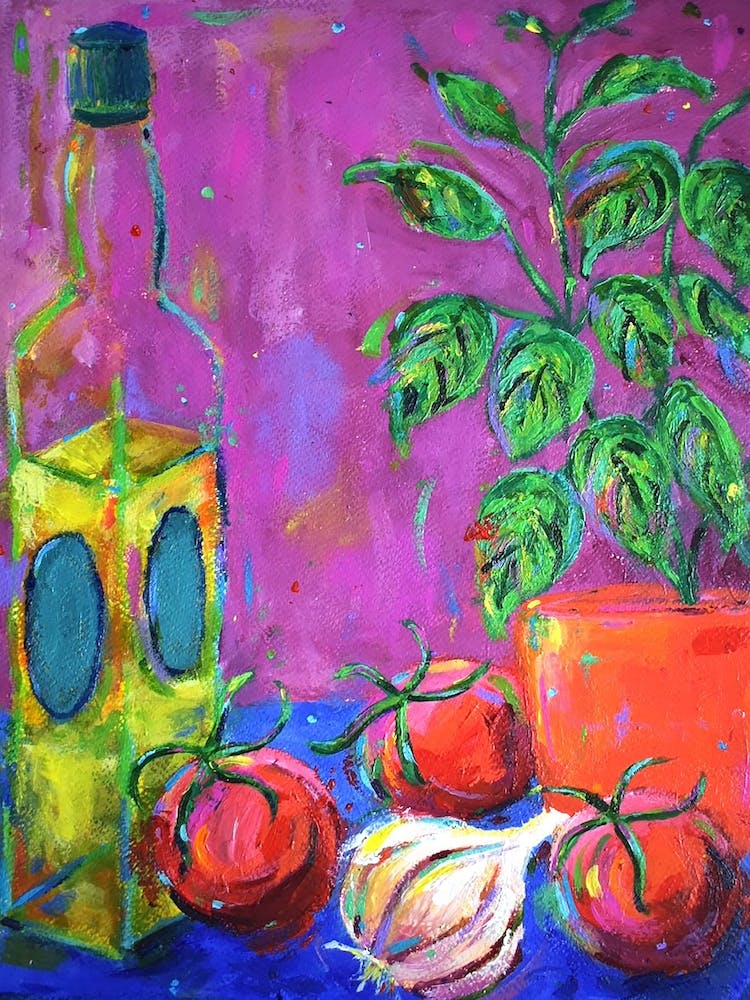 Oil, Tomatoes, Garlic And Basil Plant