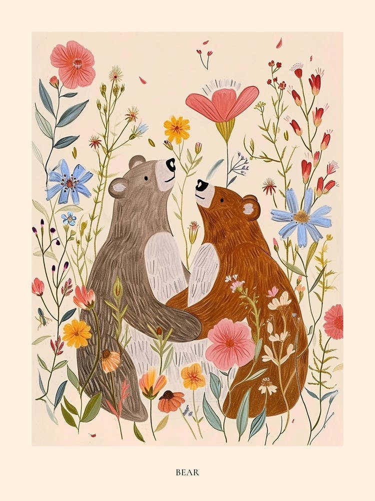 Folksy Floral Animal Drawing Bear 8 Poster