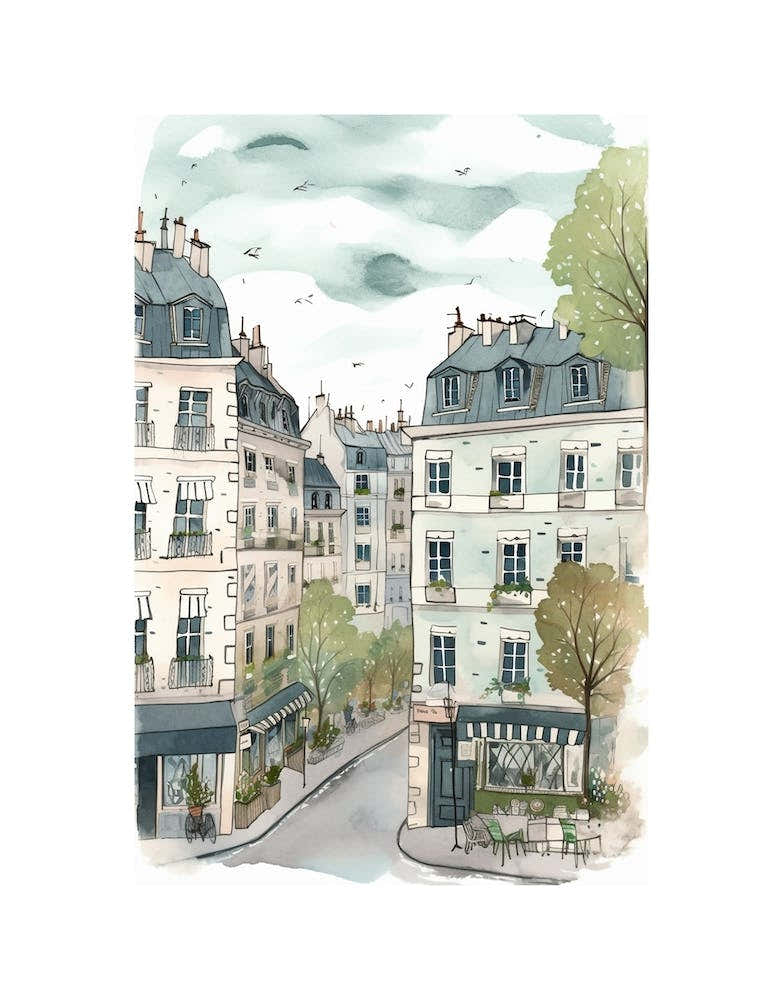 Paris France Cafe Scene Illustration Sage Blue Watercolour 3