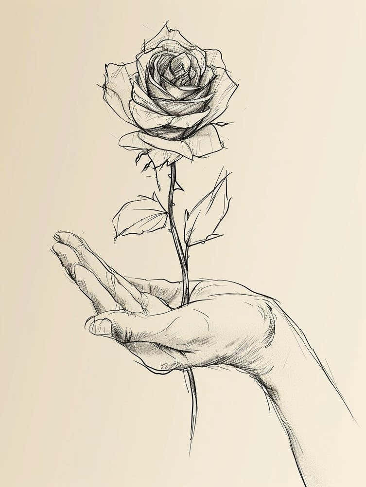 English Rose In Hand Line Drawing 2