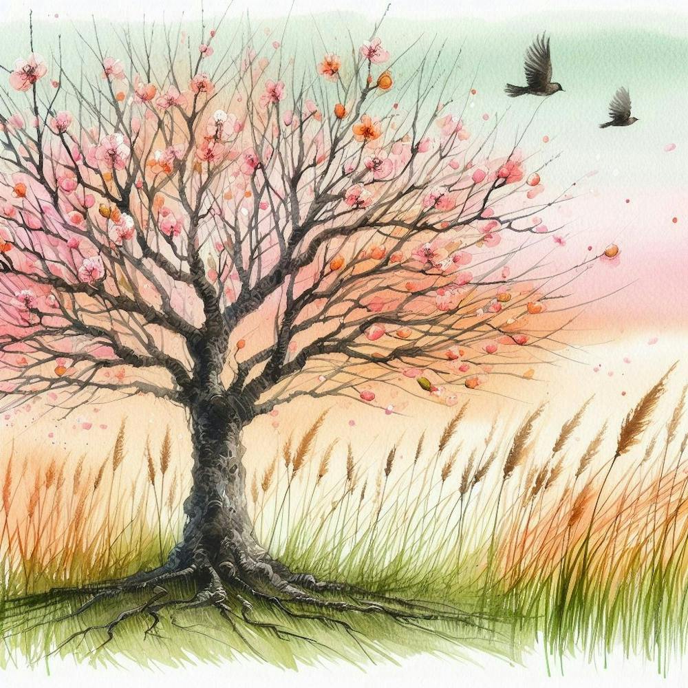 Watercolor Tree With Birds