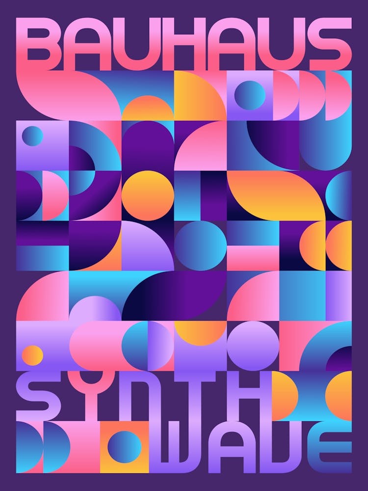 Synthwave Bauhaus Neon poster #1 (dark purple-pink) — abstract poster, retrowave print 3