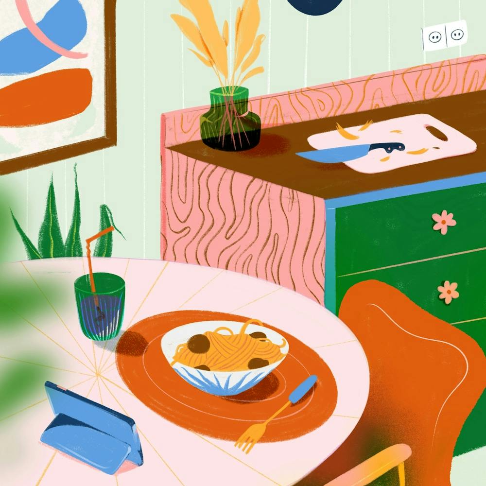 Pasta for one, Kitchen Scene Illustration