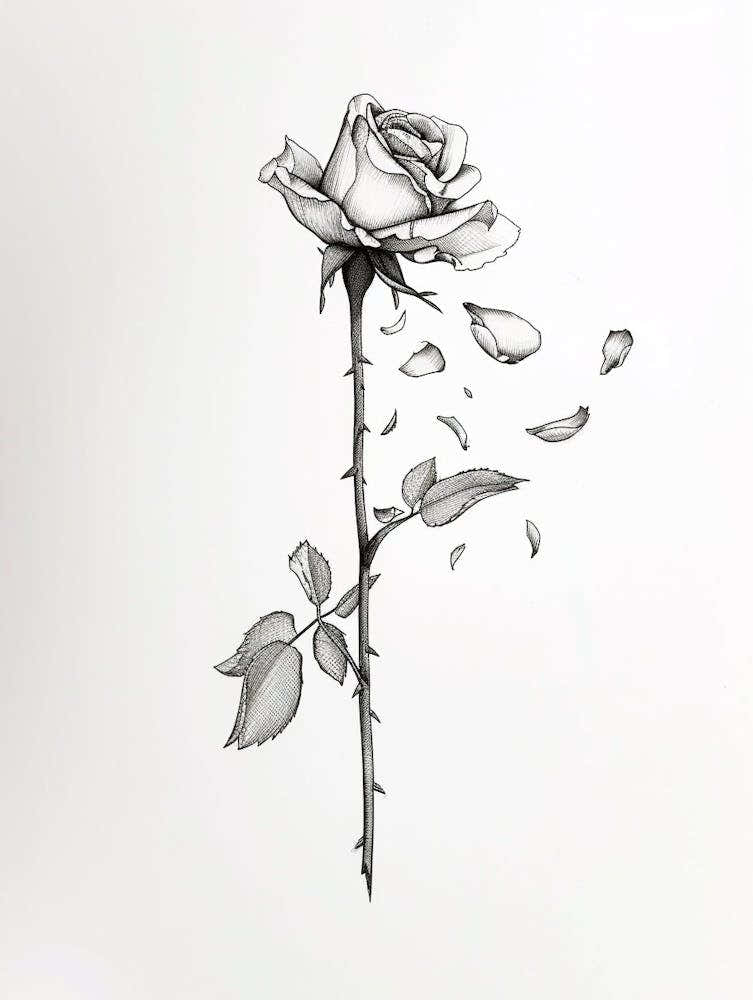 English Rose Petals Line Drawing 1