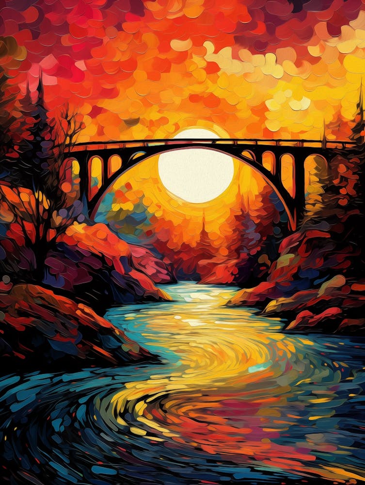 Bridge at Red Sky Sunset, Abstract Vibrant Colorful Painting in Van Gogh Style