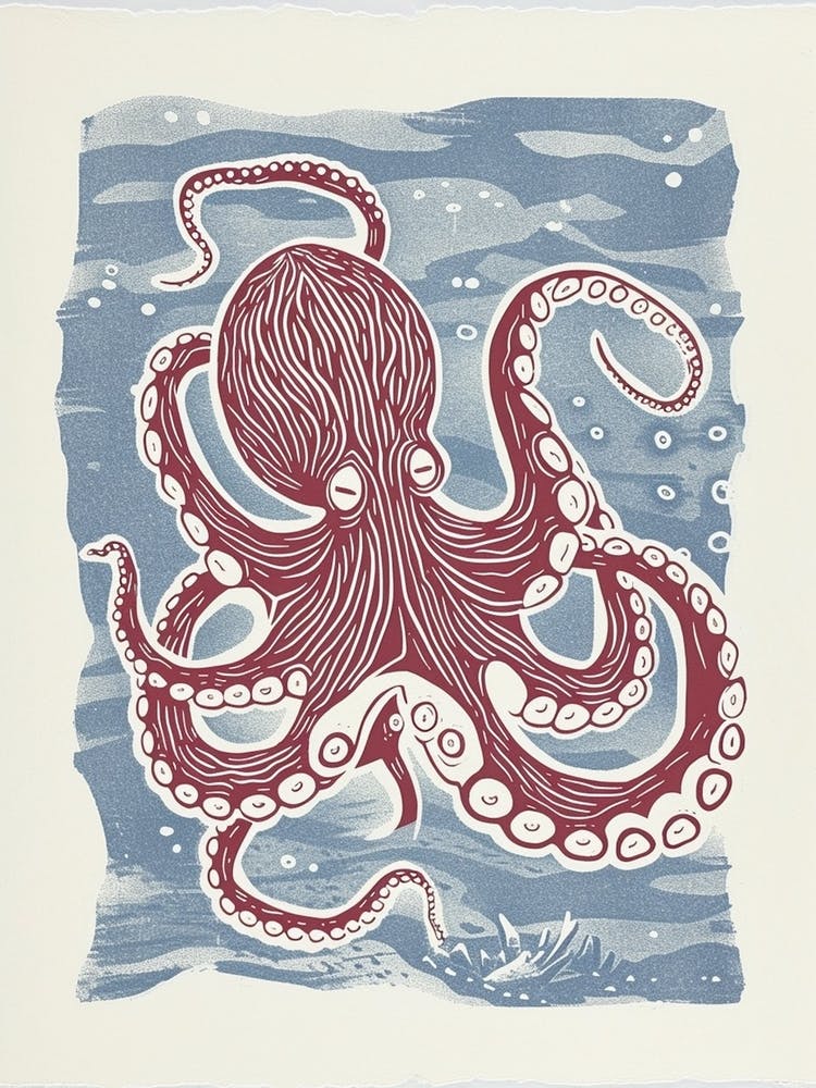 Red & Chalk Blue Linocut Inspired Octopus