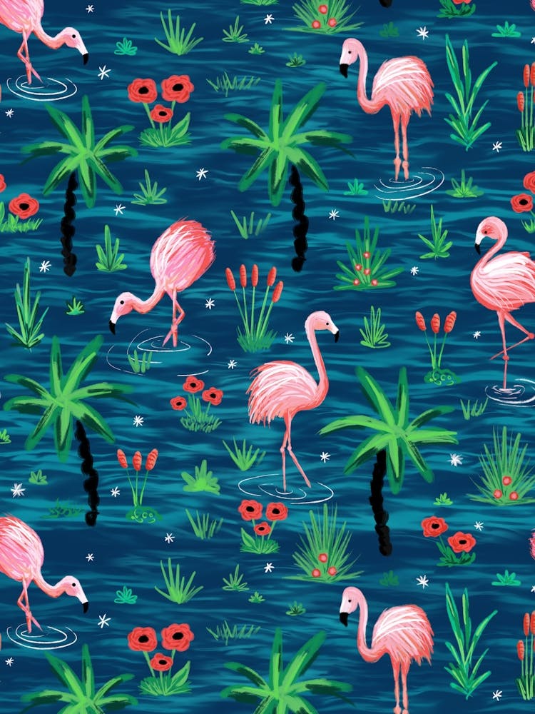 Pink Flamingos in the Water of a Tropical Island - Deep Blue