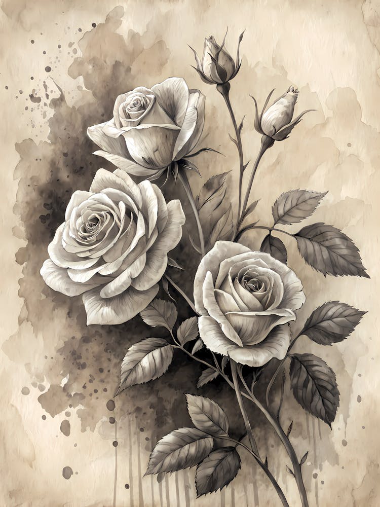 Oil Painting Style Monochrome Roses In Ink On Aged