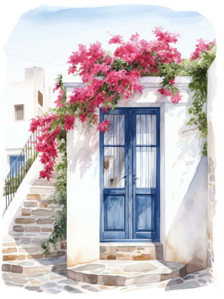 Mykonos, Greece   Mediterranean Doors Watercolour Painting 3