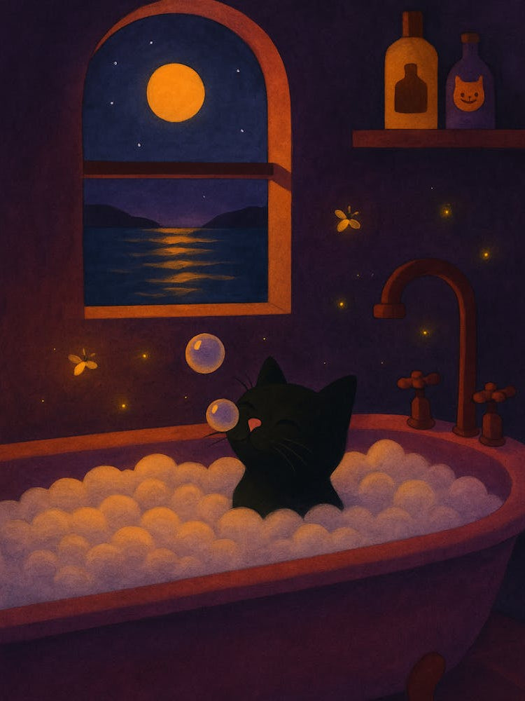Black Cat in Bathtub Poster - Cute Cozy Cat Wall Art for Bathroom and Bedroom Decor