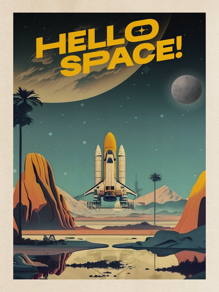Hello Space! — Vintage retro space poster, retrofuturism poster, retro space, propaganda poster 1