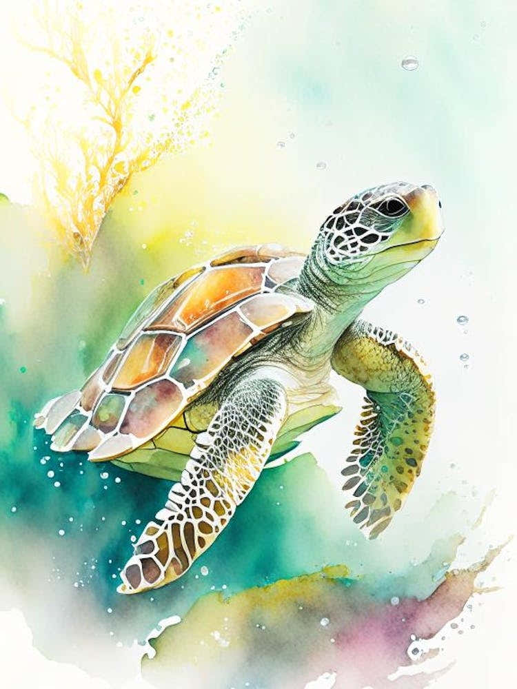 Foraging Sea Turtle, Sea Turtle Storybook Watercolours 1