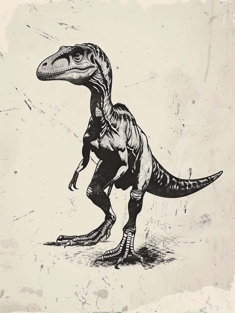 Velociraptor Dinosaur Black Ink & Sepia Illustration 2