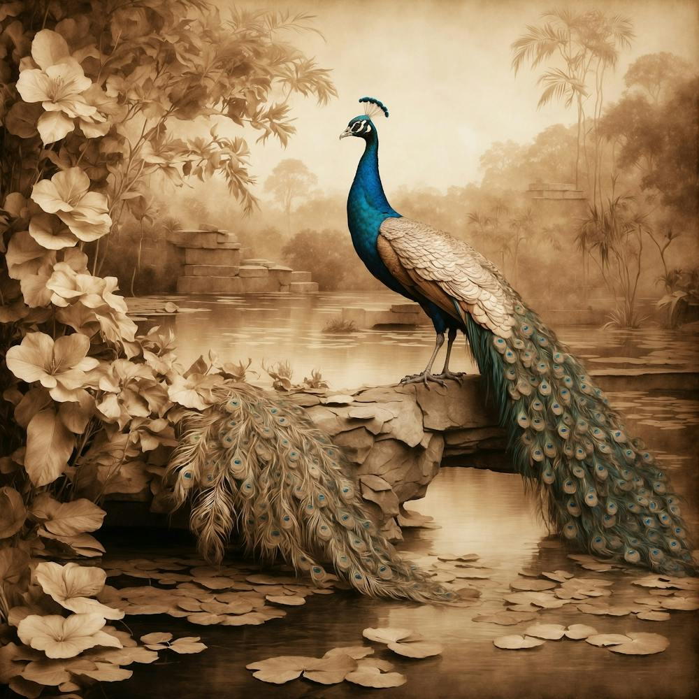 Default Peacock In A Sepia Oasis A Graceful Peacock With Subtl 0