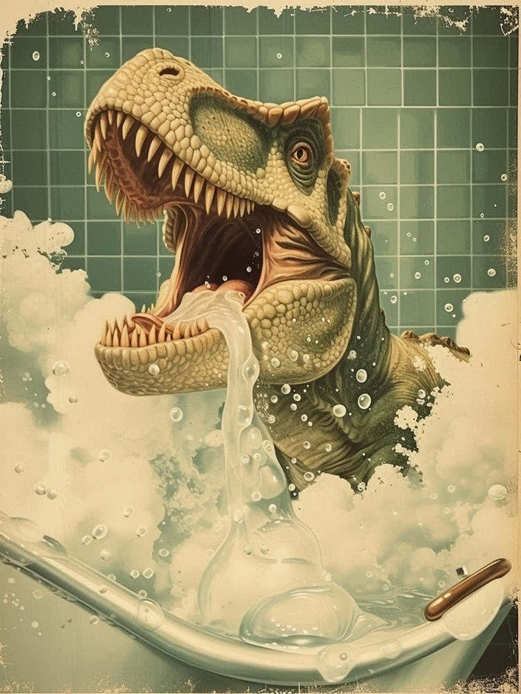 Dinosaur In The Bubble Bath Retro Collage 3