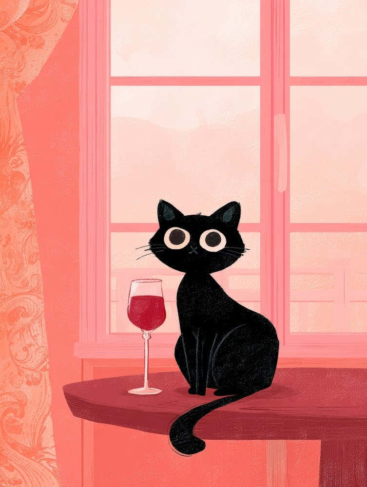 Black Cat With A Glass Of Wine