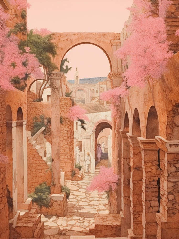 Crete Greece 2 Vintage Pink Travel Illustration