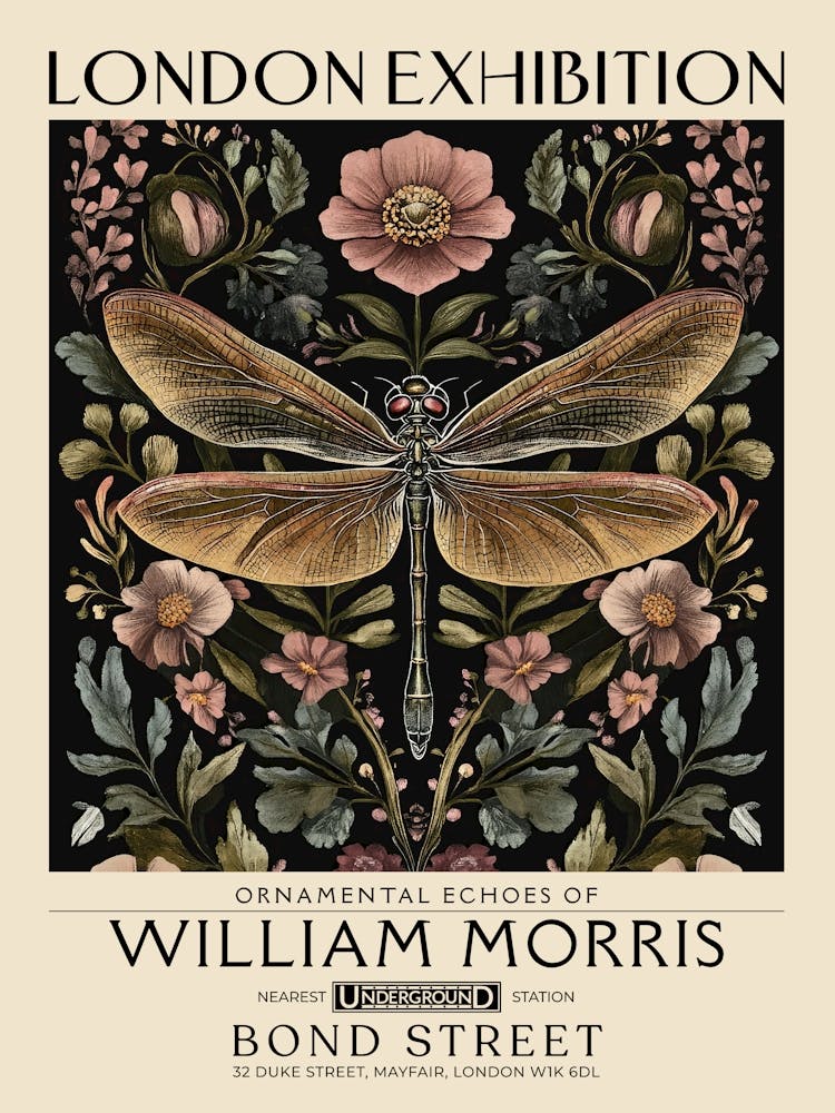 William Morris Dragonfly and floral artwork in Warm earth tones, insect and flower pattern dark academia library Botanical vintage print, living room vintage decor Floral tapestry Victorian nature art 33