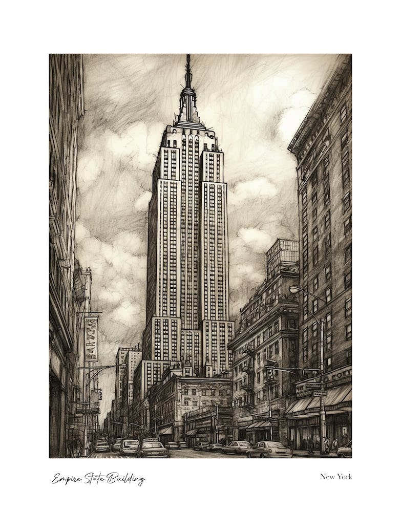 Empire State Building  New York Pencil Sketch 2 Watercolour Travel Poster