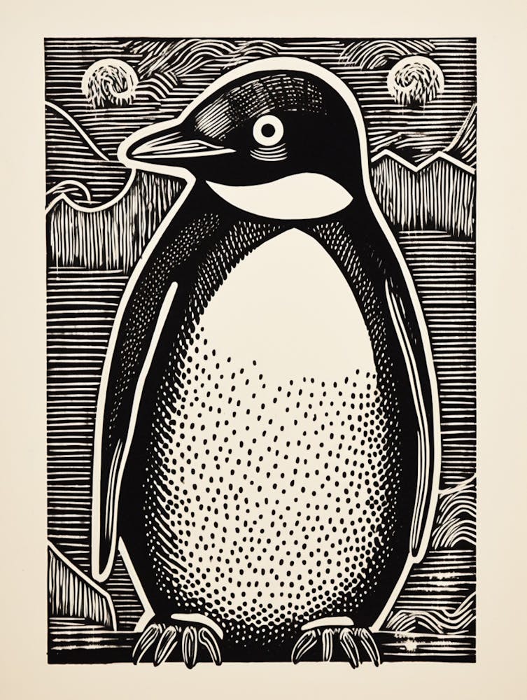 B&W Bird Linocut Penguin 2