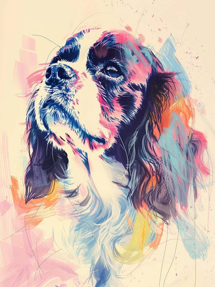 Cavalier King Charles Dog Pastel Line Watercolour Illustration 3