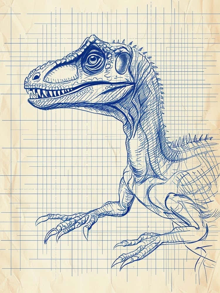 Deinonychus Dinosaur Blue Print Sketch 2