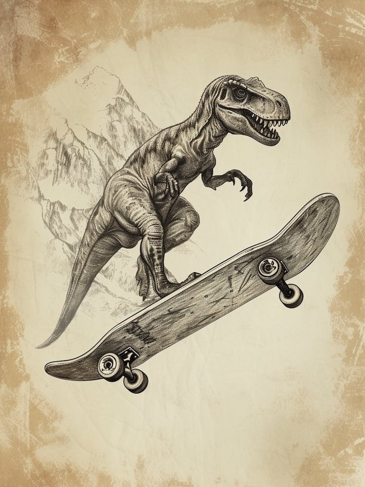 Vintage Oviraptor Dinosaur On A Skateboard 1