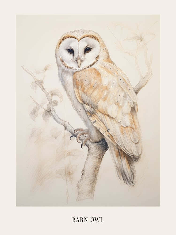 Vintage Bird Drawing Barn Owl 3 Poster