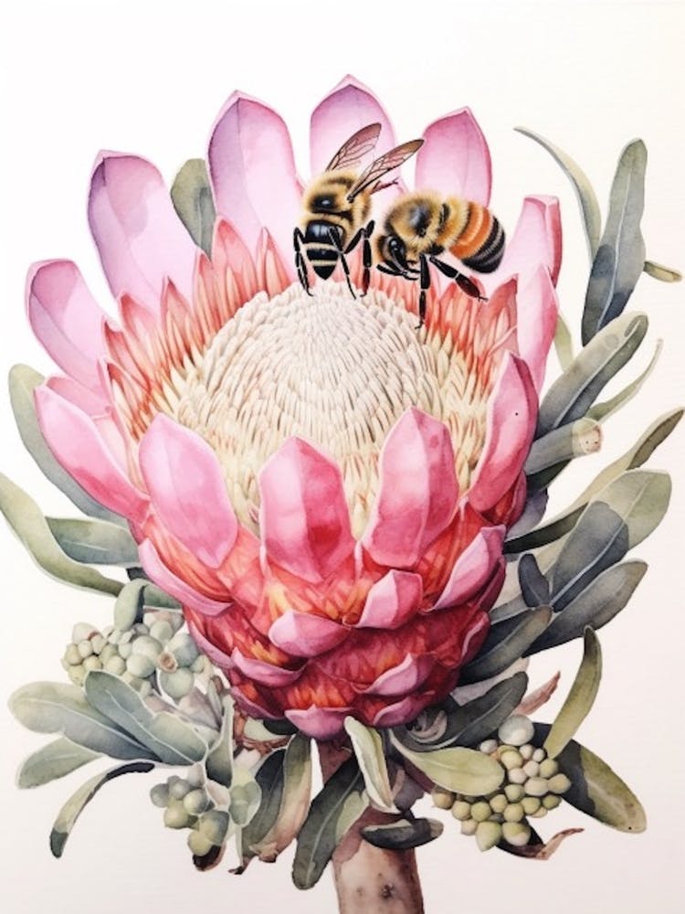 Beehive With Proteas Watercolour Illustration 2