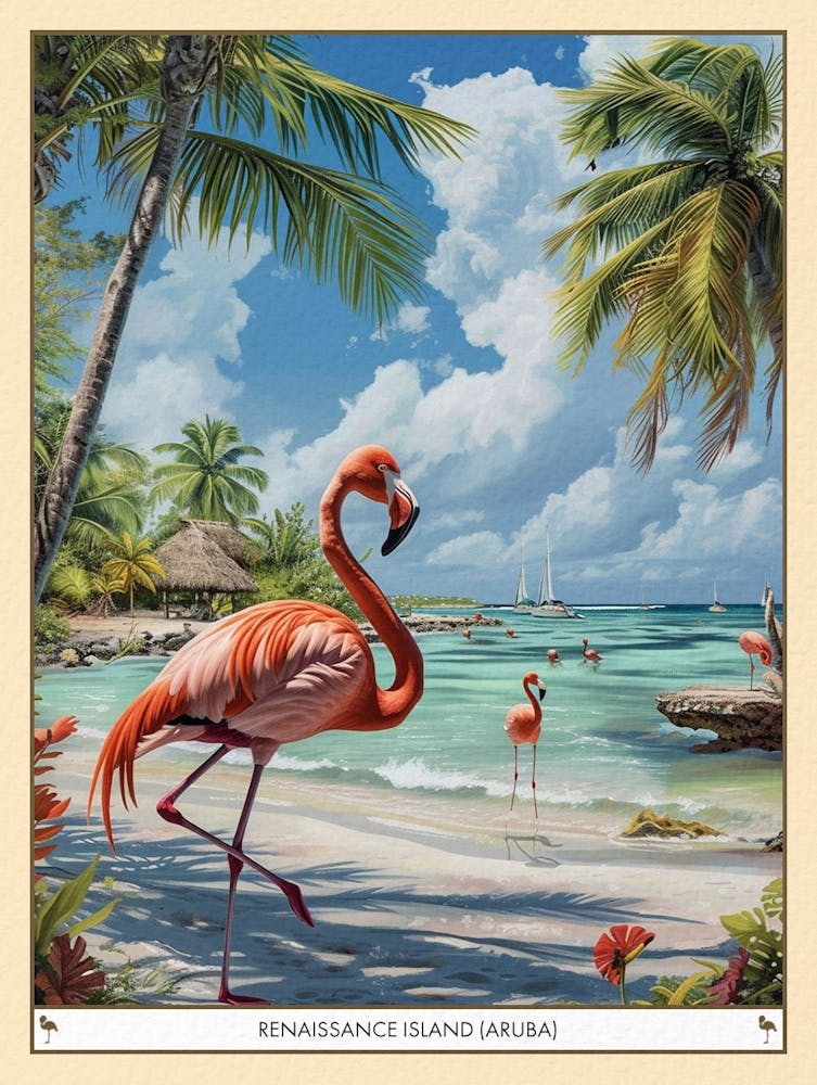 Greater Flamingo Renaissance Island Aruba Tropical Illustration 1 Poster