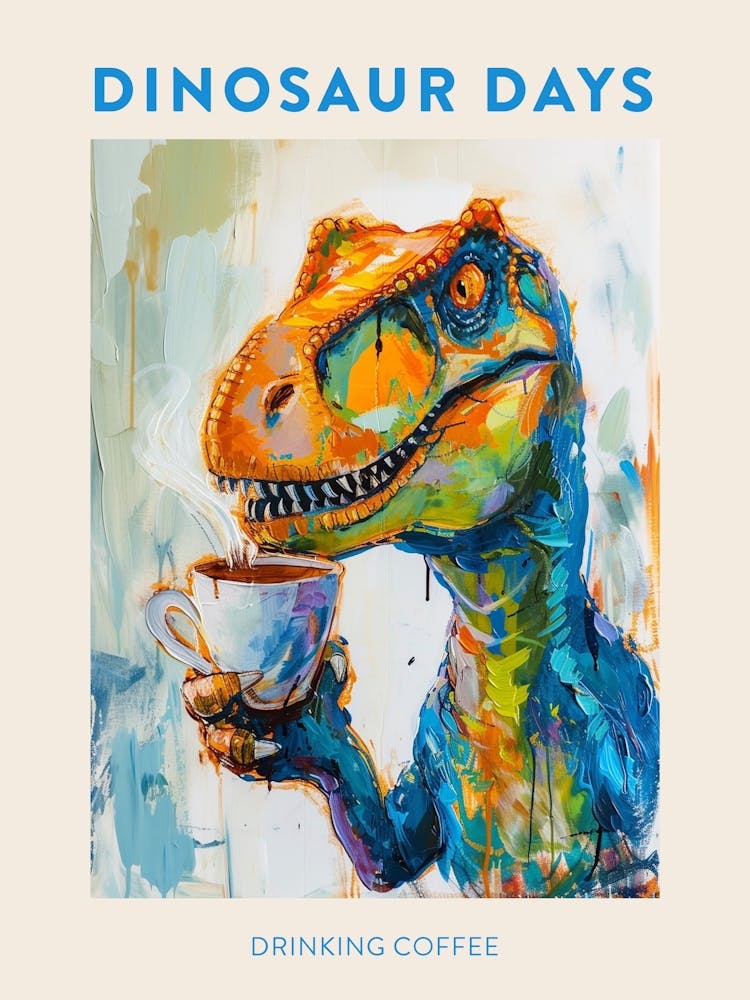 Dinosaur Drinking Coffee Blue Orange Poster 2