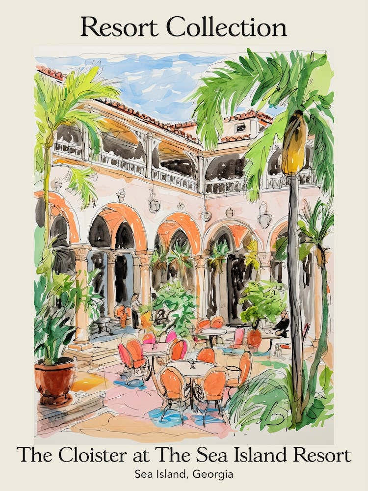 Poster Of The Cloister At The Sea Island Resort Collection   Sea Island, Georgia   Resort Collection Storybook Illustration 4