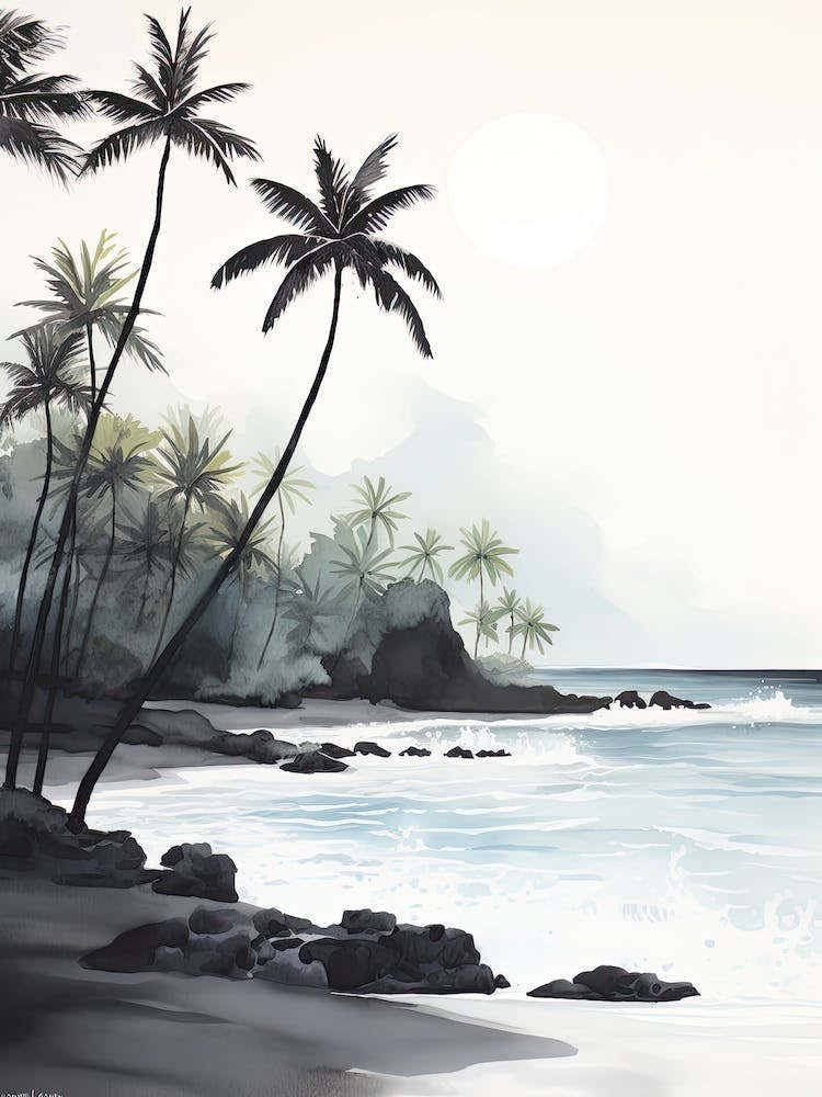 Watercolour Of Twai Anapanapa Black Sand Beach   Maui Hawaii Usa 1