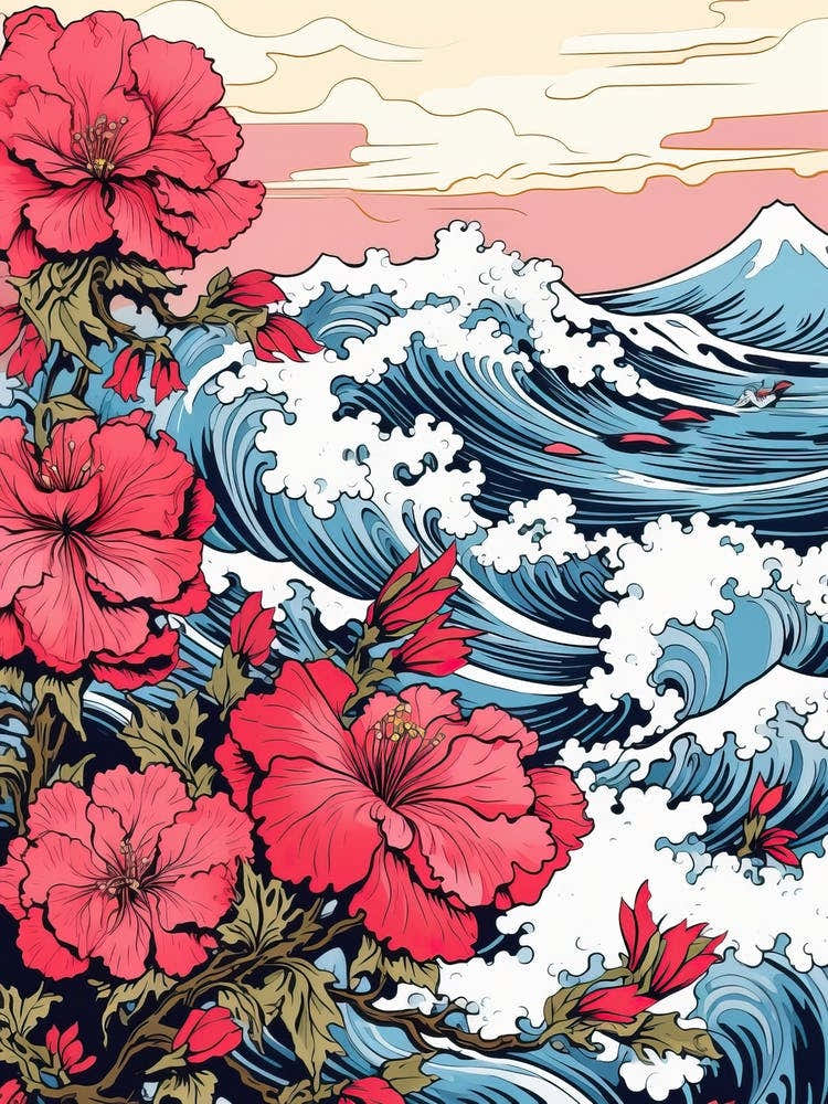 Great Wave With Petunia Flower Drawing In The Style Of Ukiyo E 4