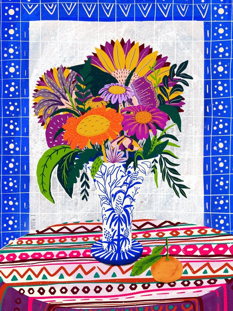Still Life Mexican Floral Mandarin Purple Poncho Colorful Flowers