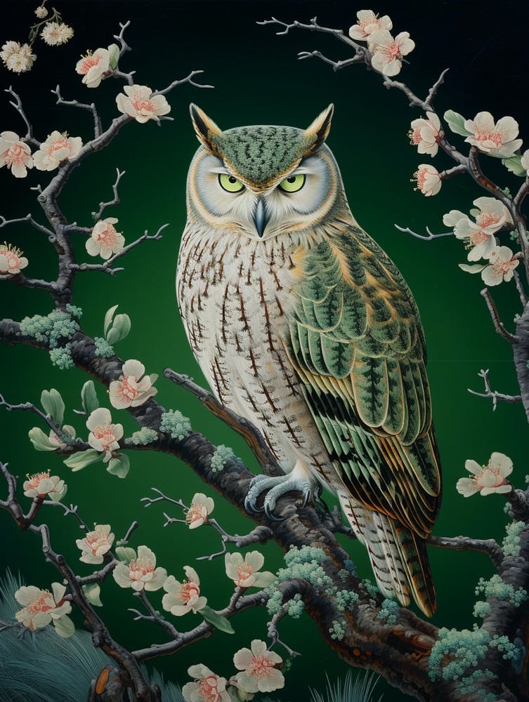 Ohara Koson Inspired Bird Painting Eastern Screech Owl 3