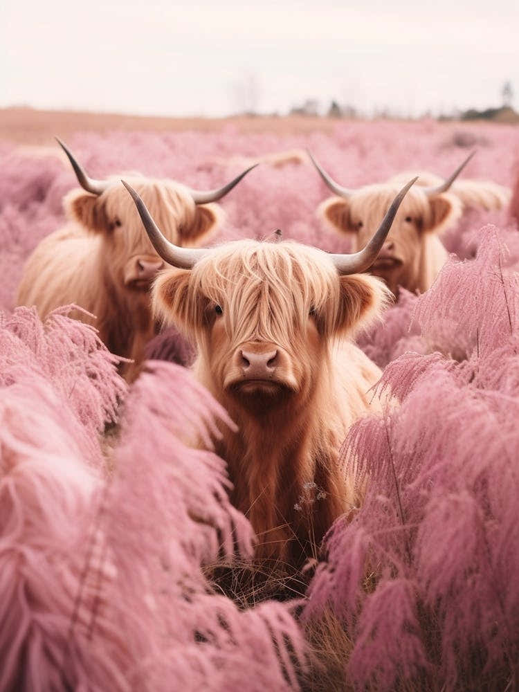 Three Curious Highland Cows In Field Of Pink Grass