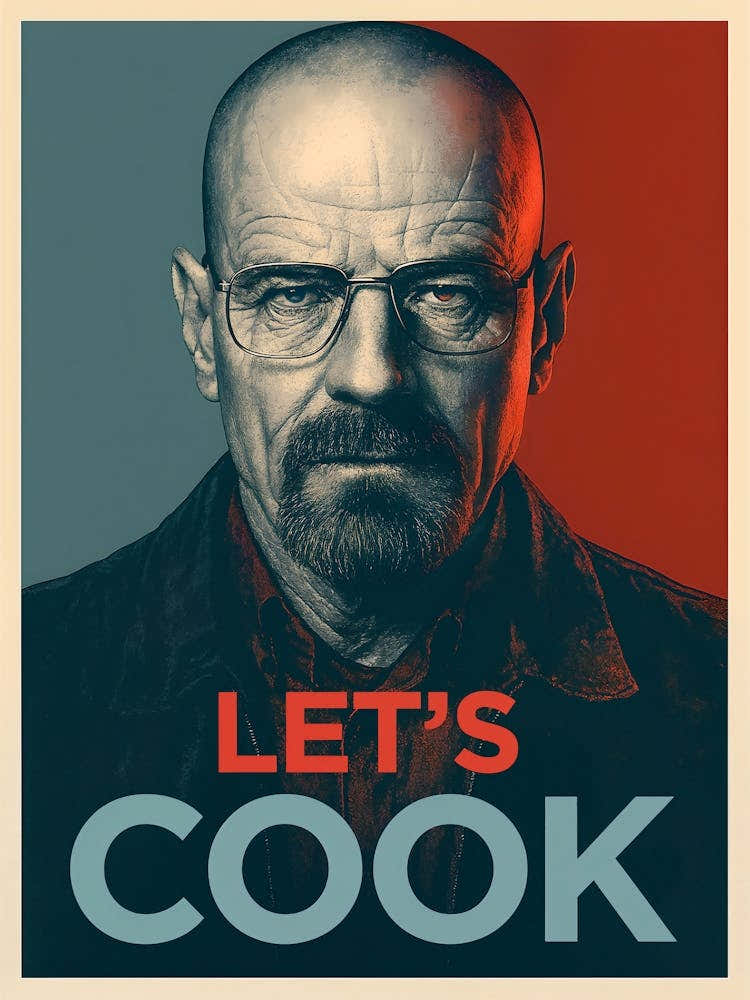 Walter White Let's Cook Art: Say his name - Heisenberg. This minimalist Breaking Bad poster channels Walter White’s transformation with pop art flair, chemistry vibes, and a touch of drug-fueled rebellion. A bold tribute to the iconic TV series, blending