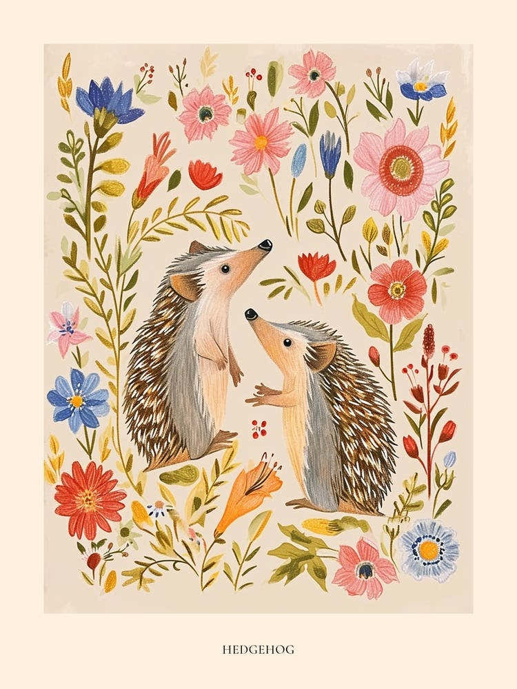Folksy Floral Animal Drawing Hedgehog Poster