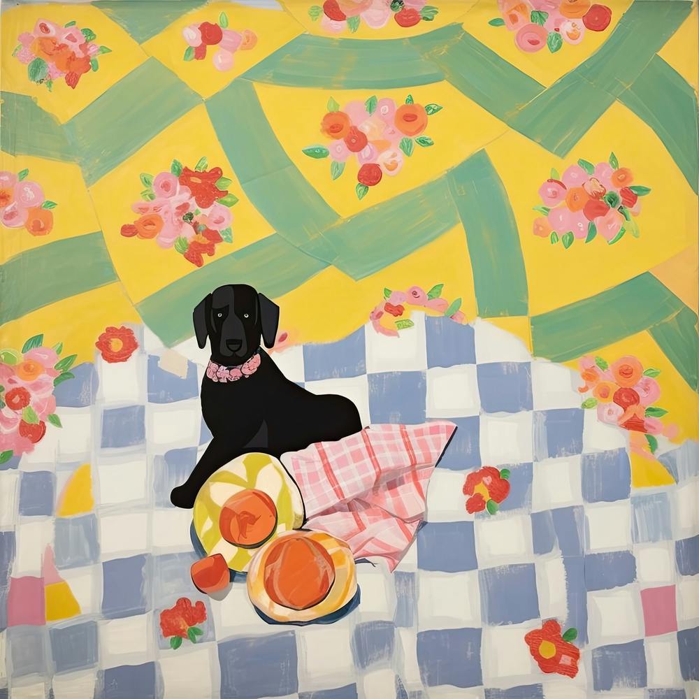 Pastel Colours Black Dog In A Picnic Blanket