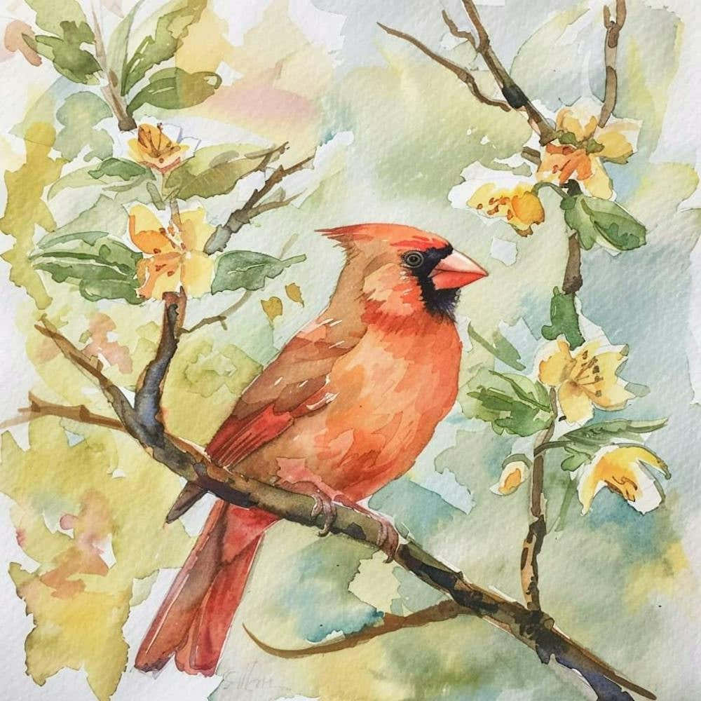Cardinal in the Garden Watercolor ~ Americana Vintage Wholesome Art Decor | Dreamy Idyllic