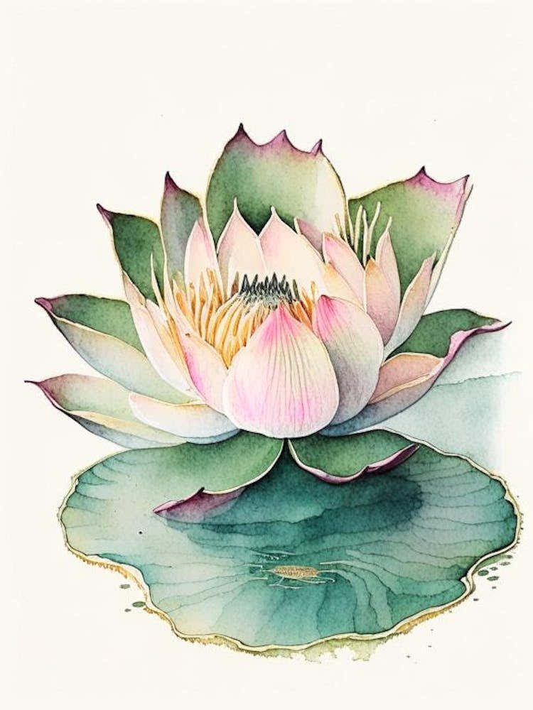 Blooming Lotus Flower In Lake Watercolour Ink Pencil 4