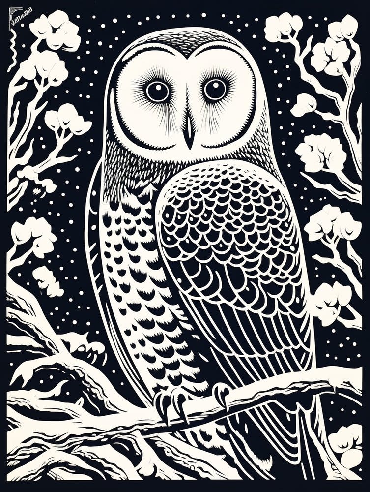 B&W Bird Linocut Snowy Owl 4